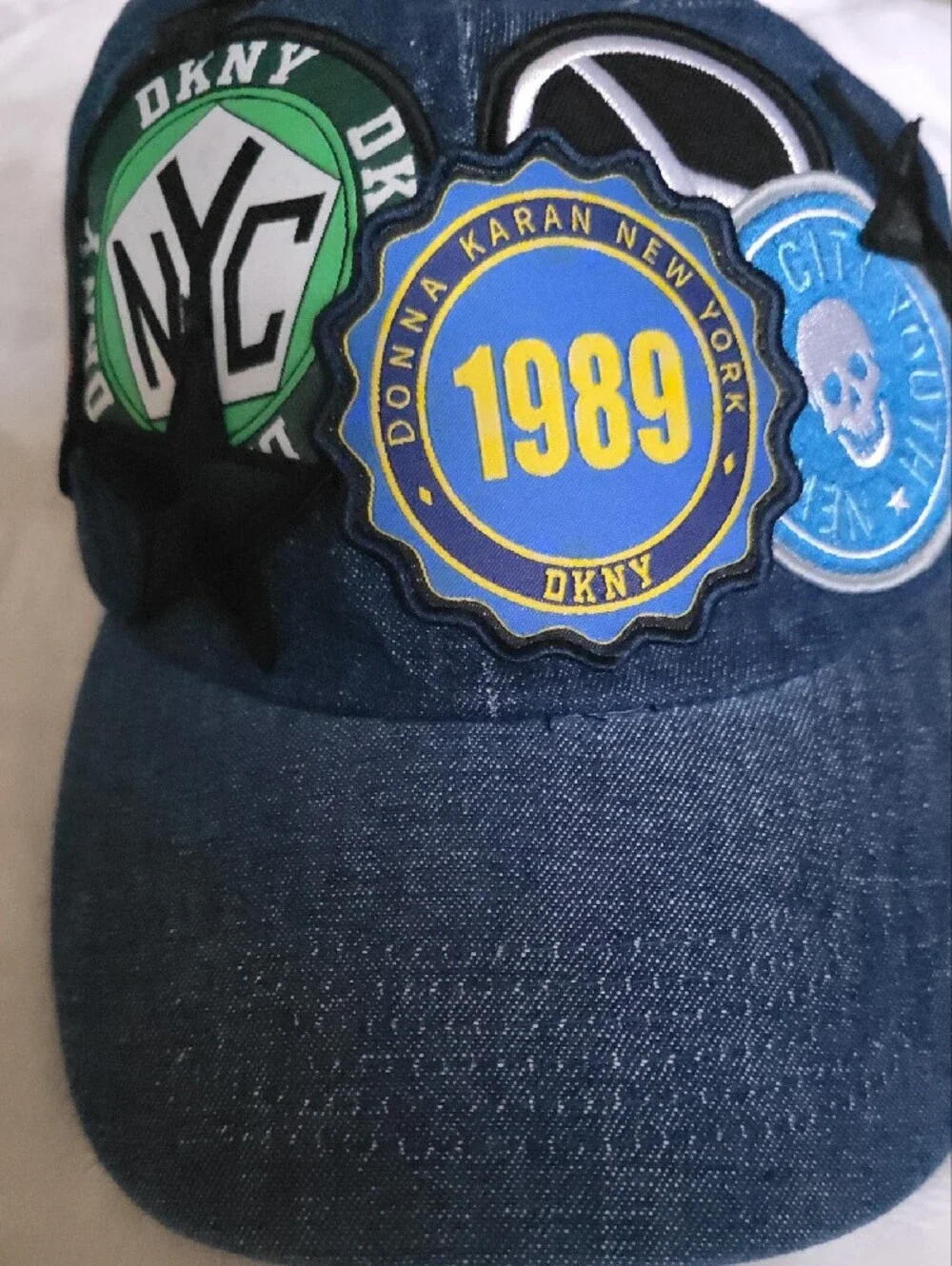 DKNY Denim Patch Cap - Blue with Green, Yellow & Black Accents
